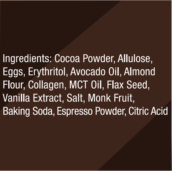 Ingredient list for Keto Chocolate Brownie from Salivation Snackfoods
