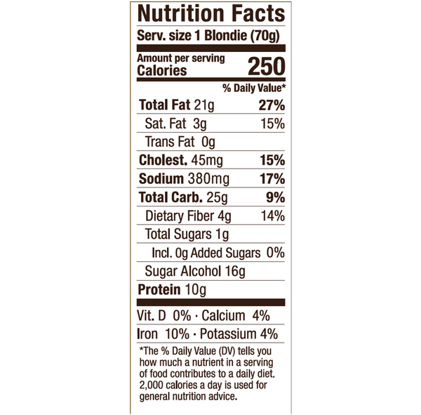 Nutrition Facts for Keto Brownie Chocolate Chip Blondie and Low Carb Blondies from Salivation Snackfoods