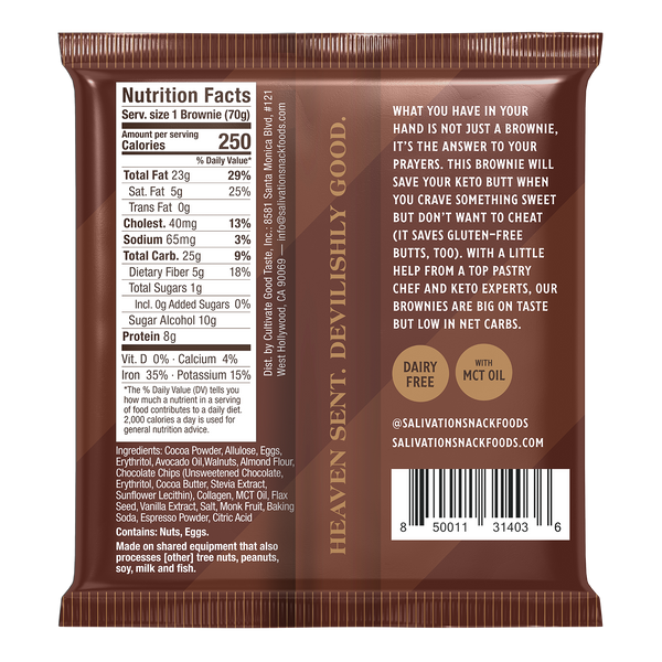 Keto Walnut Brownies Nutrition Facts from Salivation Snackfoods