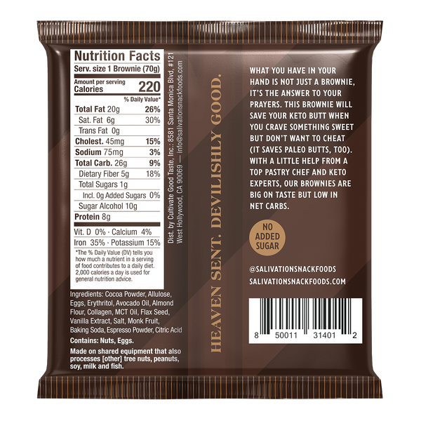 Keto Dark Chocolate Brownie ingredients from Salivation Snackfoods
