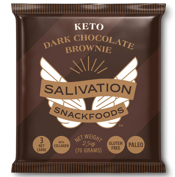 Keto Dark Chocolate Brownie,  gluten-free dairy-free low carb low sugar collagen MCT oil snack treat dessert from Salivation Snackfoods