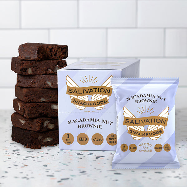 Keto Macadamia Nut Brownie from Salivation Snackfoods gluten-free dairy-free low carb low sugar collagen MCT oil snack treat dessert guilt-free